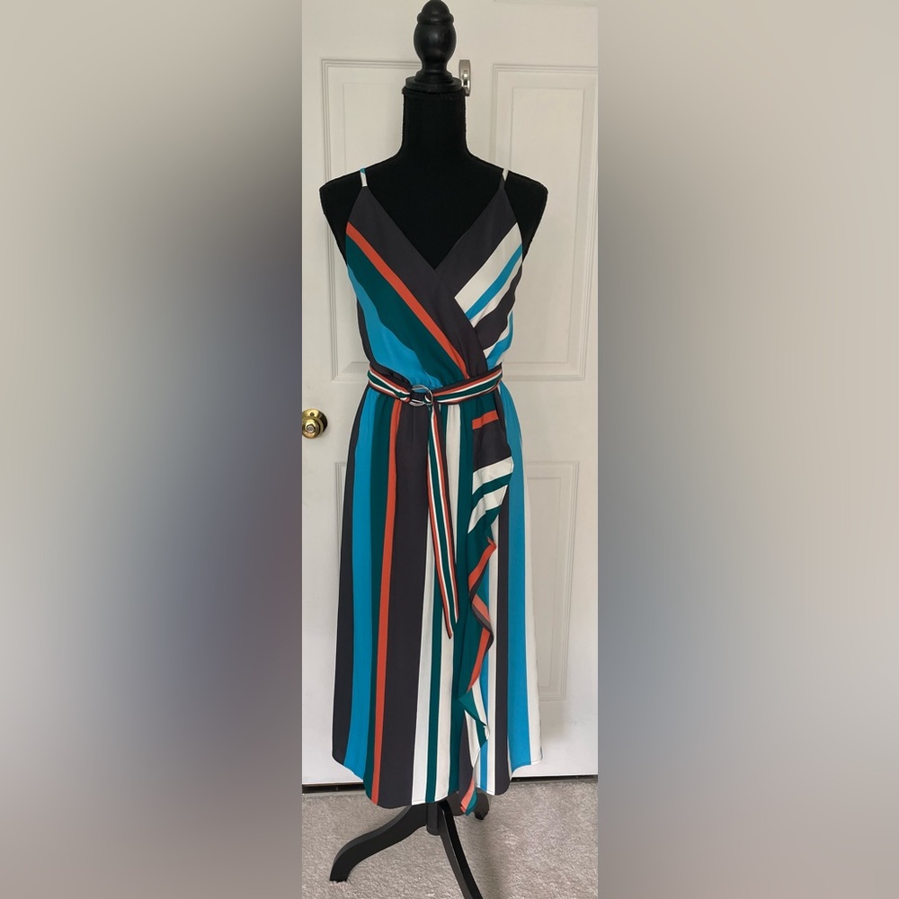 Loft striped wrap midi dress, belted